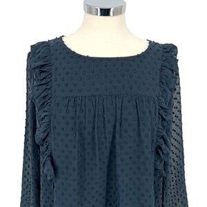 J.Crew Swiss Dot Ruffle Trim Long Sleeve Blouse Navy Blue Size 16